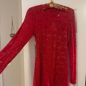 Red lace mini dress with open back